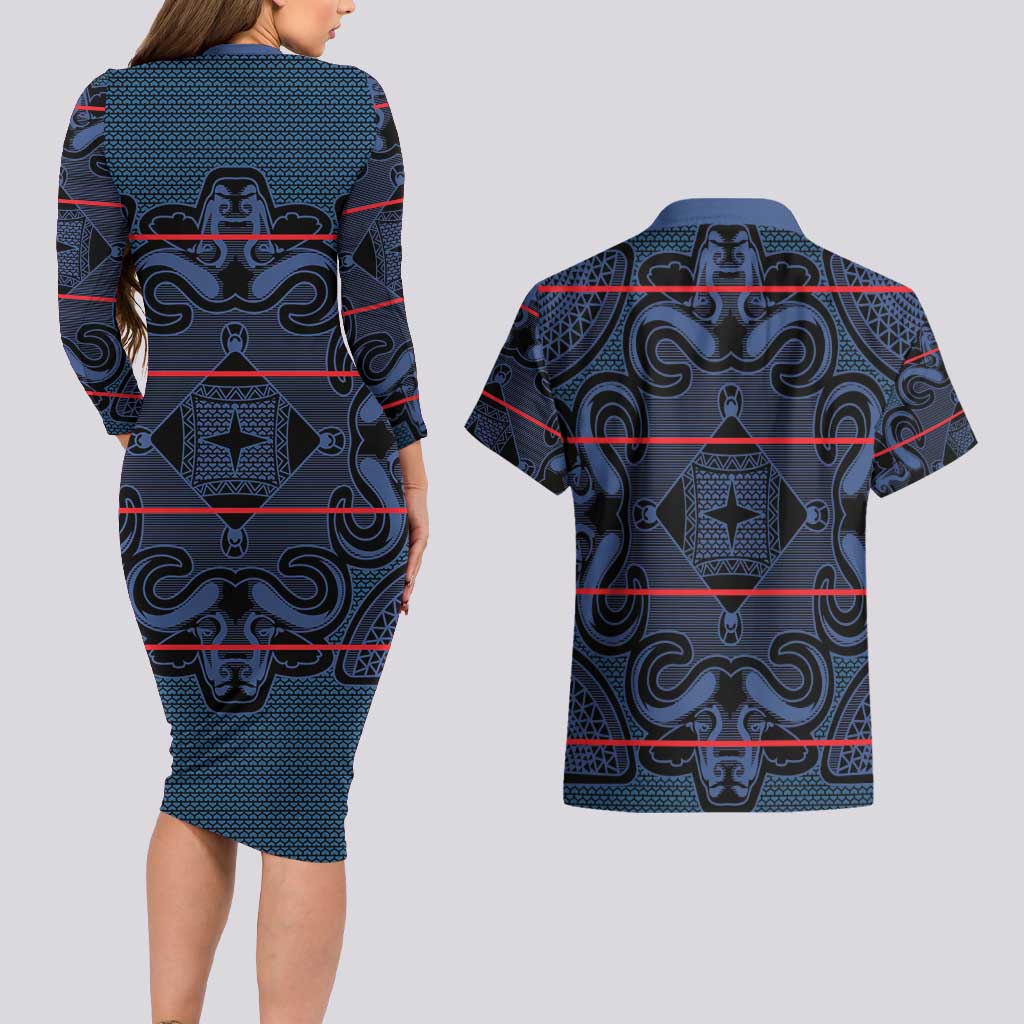 Lesotho Seanamarena - Motlatsi Couples Matching Long Sleeve Bodycon Dress and Hawaiian Shirt Basotho Traditional Blanket Style - Blue - Wonder Print Shop