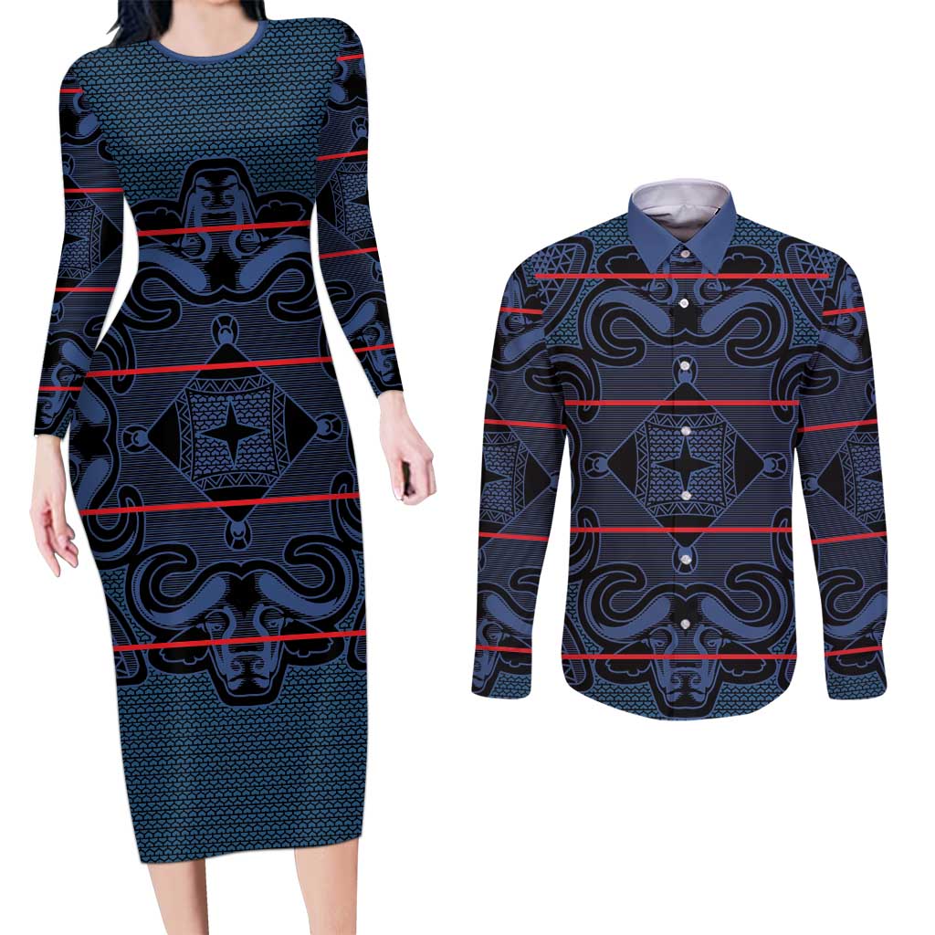 Lesotho Seanamarena - Motlatsi Couples Matching Long Sleeve Bodycon Dress and Long Sleeve Button Shirt Basotho Traditional Blanket Style - Blue - Wonder Print Shop