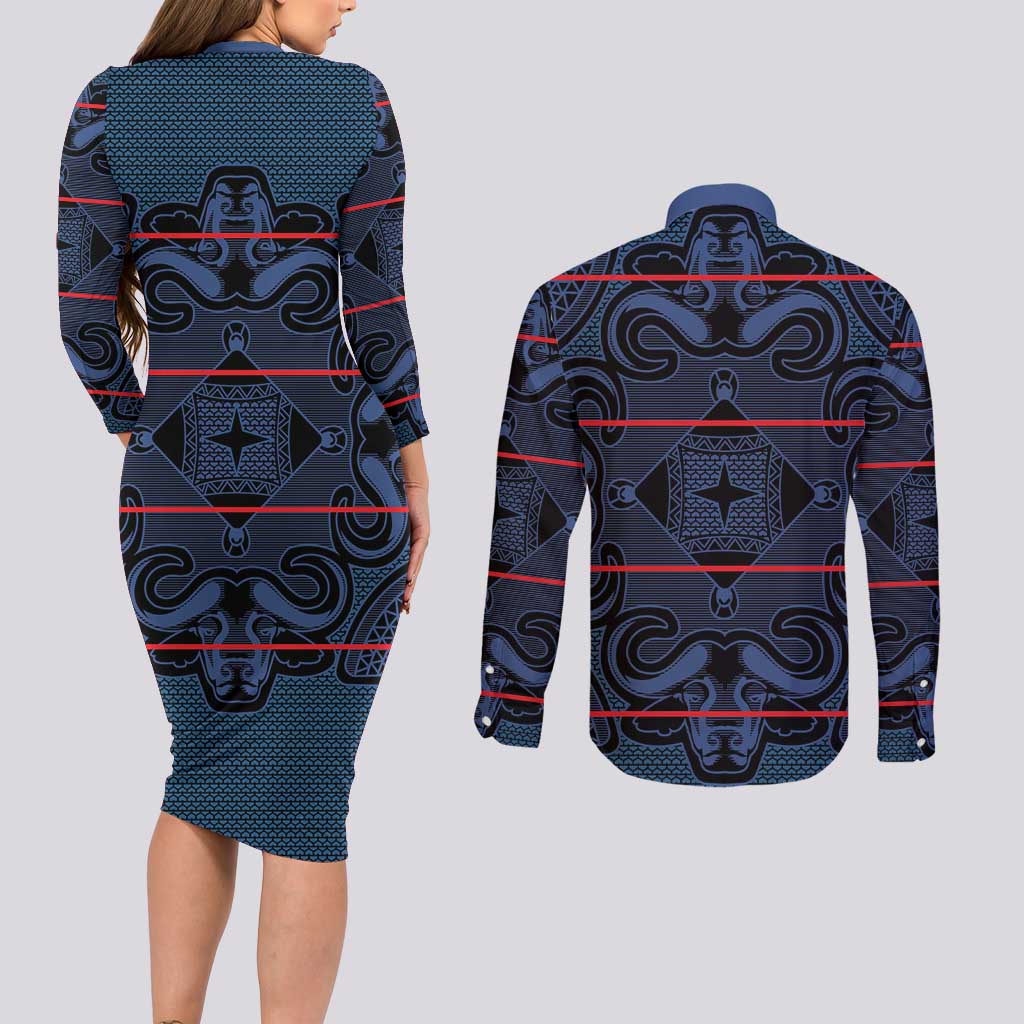 Lesotho Seanamarena - Motlatsi Couples Matching Long Sleeve Bodycon Dress and Long Sleeve Button Shirt Basotho Traditional Blanket Style - Blue - Wonder Print Shop