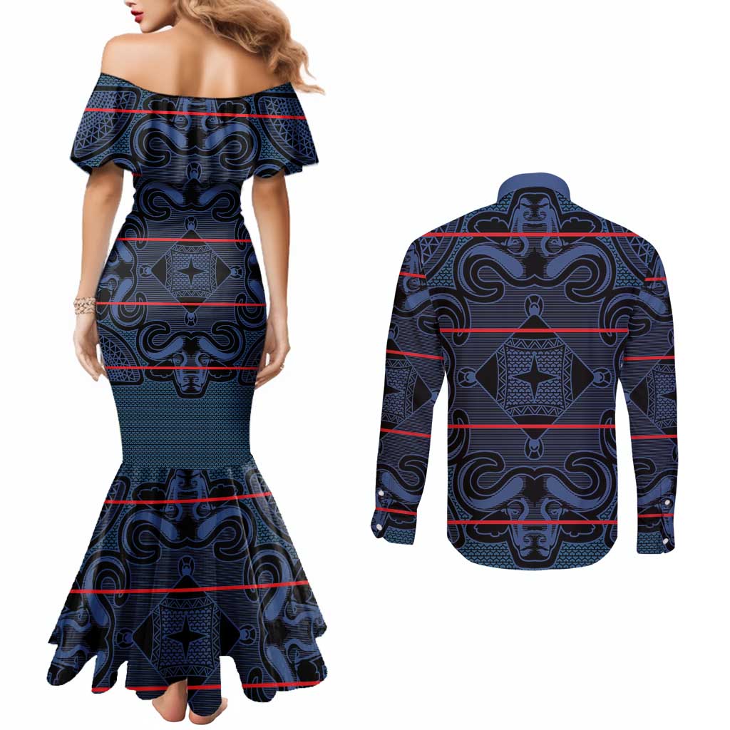 Lesotho Seanamarena - Motlatsi Couples Matching Mermaid Dress and Long Sleeve Button Shirt Basotho Traditional Blanket Style - Blue - Wonder Print Shop