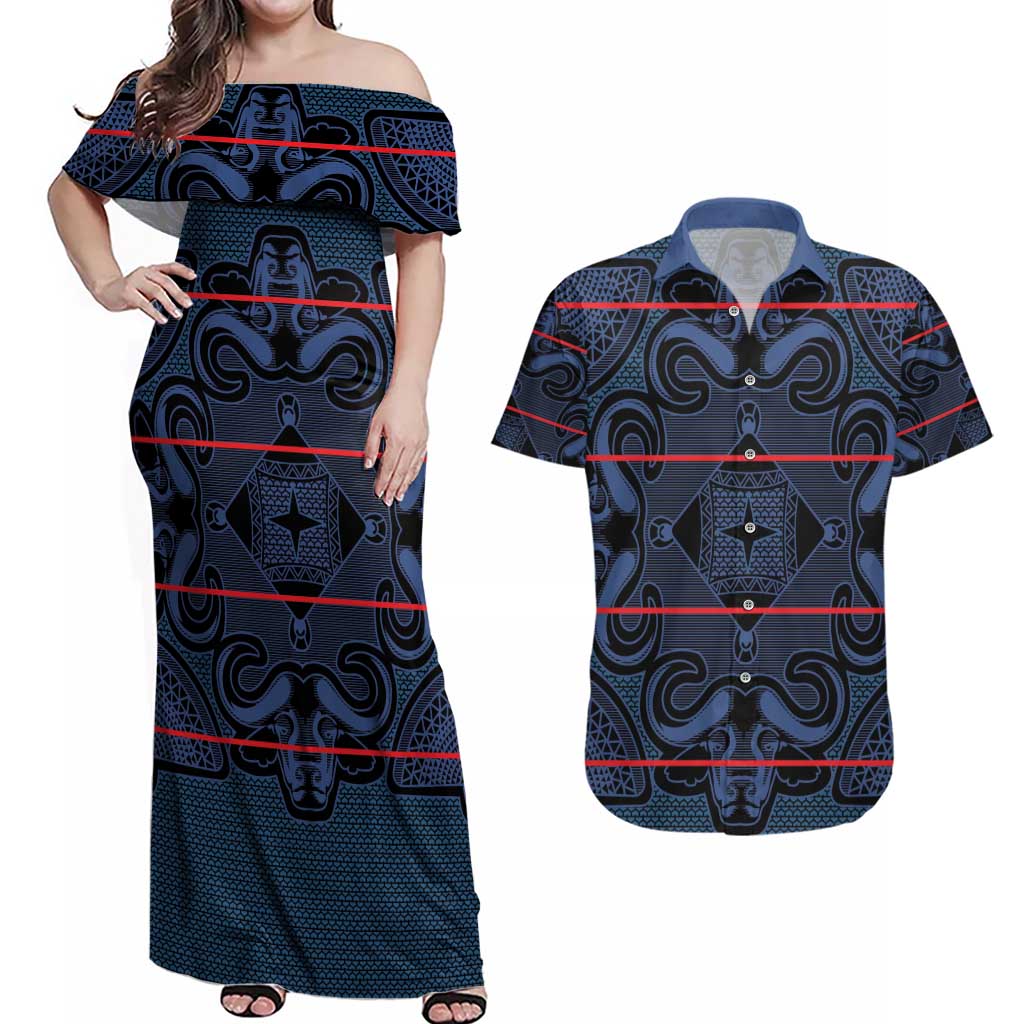 Lesotho Seanamarena - Motlatsi Couples Matching Off Shoulder Maxi Dress and Hawaiian Shirt Basotho Traditional Blanket Style - Blue - Wonder Print Shop