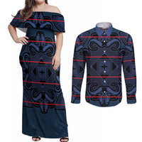 Lesotho Seanamarena - Motlatsi Couples Matching Off Shoulder Maxi Dress and Long Sleeve Button Shirt Basotho Traditional Blanket Style - Blue - Wonder Print Shop