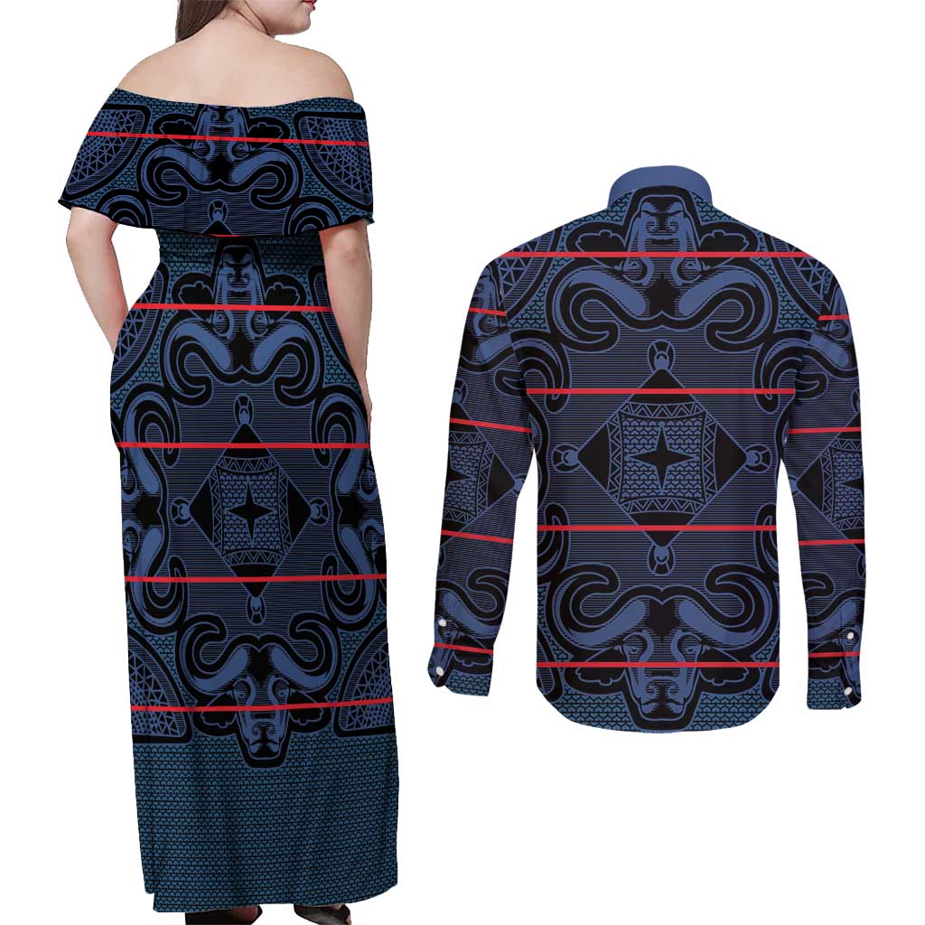 Lesotho Seanamarena - Motlatsi Couples Matching Off Shoulder Maxi Dress and Long Sleeve Button Shirt Basotho Traditional Blanket Style - Blue - Wonder Print Shop