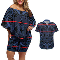 Lesotho Seanamarena - Motlatsi Couples Matching Off Shoulder Short Dress and Hawaiian Shirt Basotho Traditional Blanket Style - Blue - Wonder Print Shop