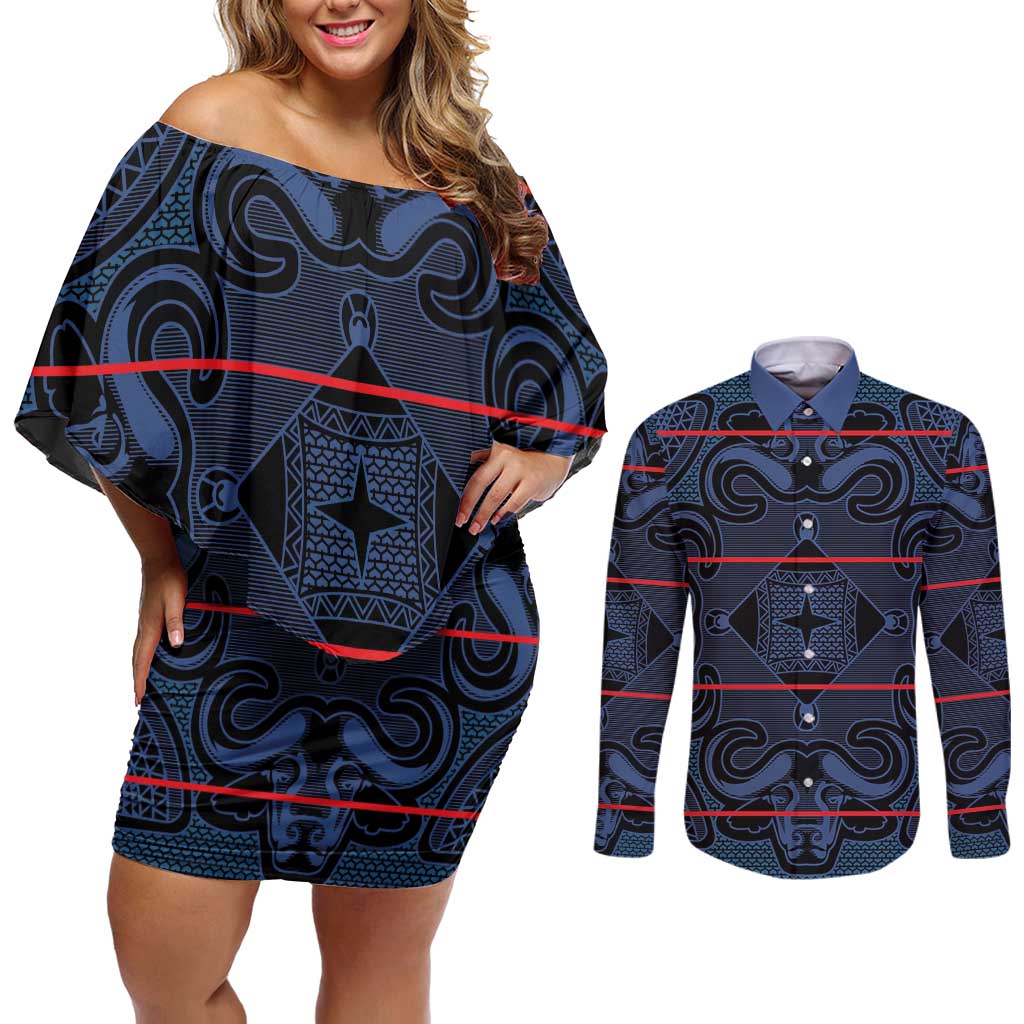 Lesotho Seanamarena - Motlatsi Couples Matching Off Shoulder Short Dress and Long Sleeve Button Shirt Basotho Traditional Blanket Style - Blue - Wonder Print Shop