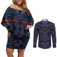 Lesotho Seanamarena - Motlatsi Couples Matching Off Shoulder Short Dress and Long Sleeve Button Shirt Basotho Traditional Blanket Style - Blue - Wonder Print Shop