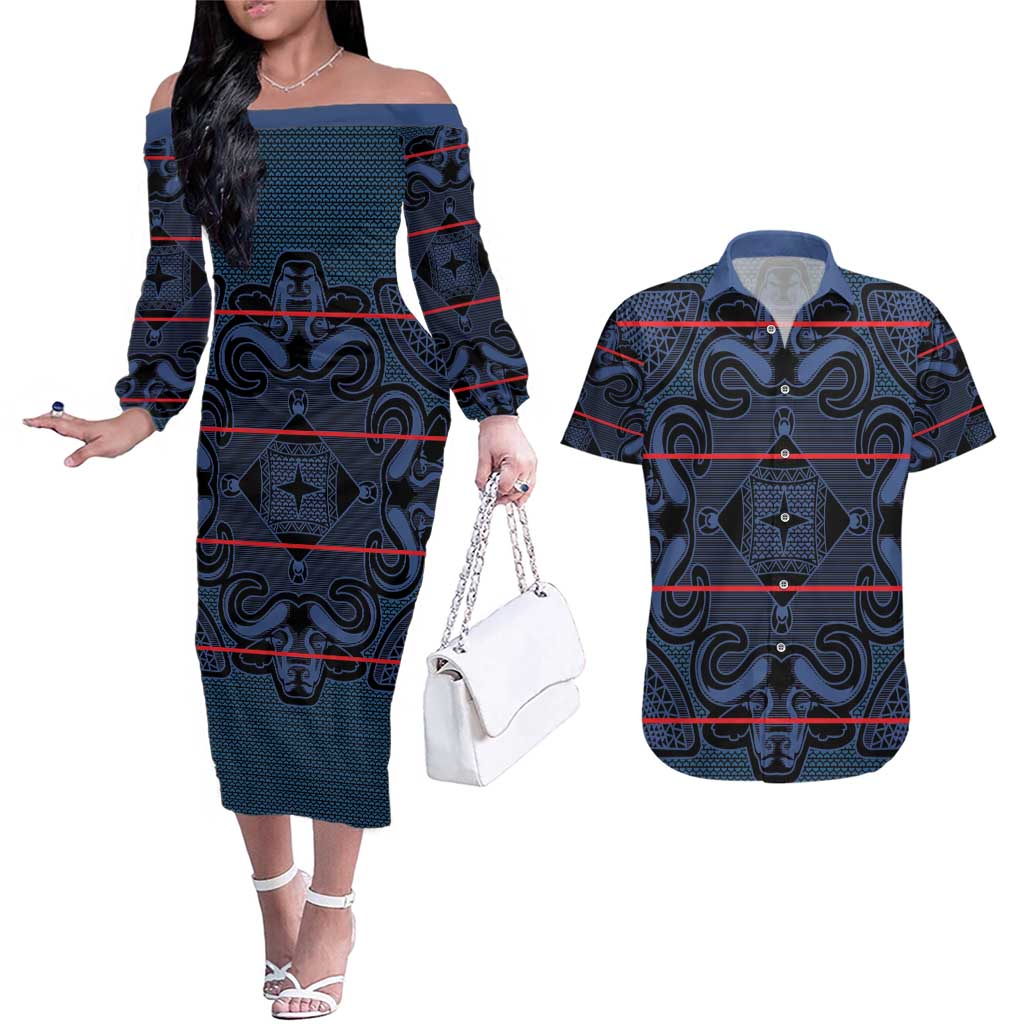 Lesotho Seanamarena - Motlatsi Couples Matching Off The Shoulder Long Sleeve Dress and Hawaiian Shirt Basotho Traditional Blanket Style - Blue - Wonder Print Shop