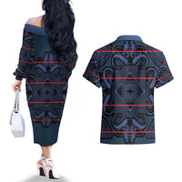 Lesotho Seanamarena - Motlatsi Couples Matching Off The Shoulder Long Sleeve Dress and Hawaiian Shirt Basotho Traditional Blanket Style - Blue - Wonder Print Shop