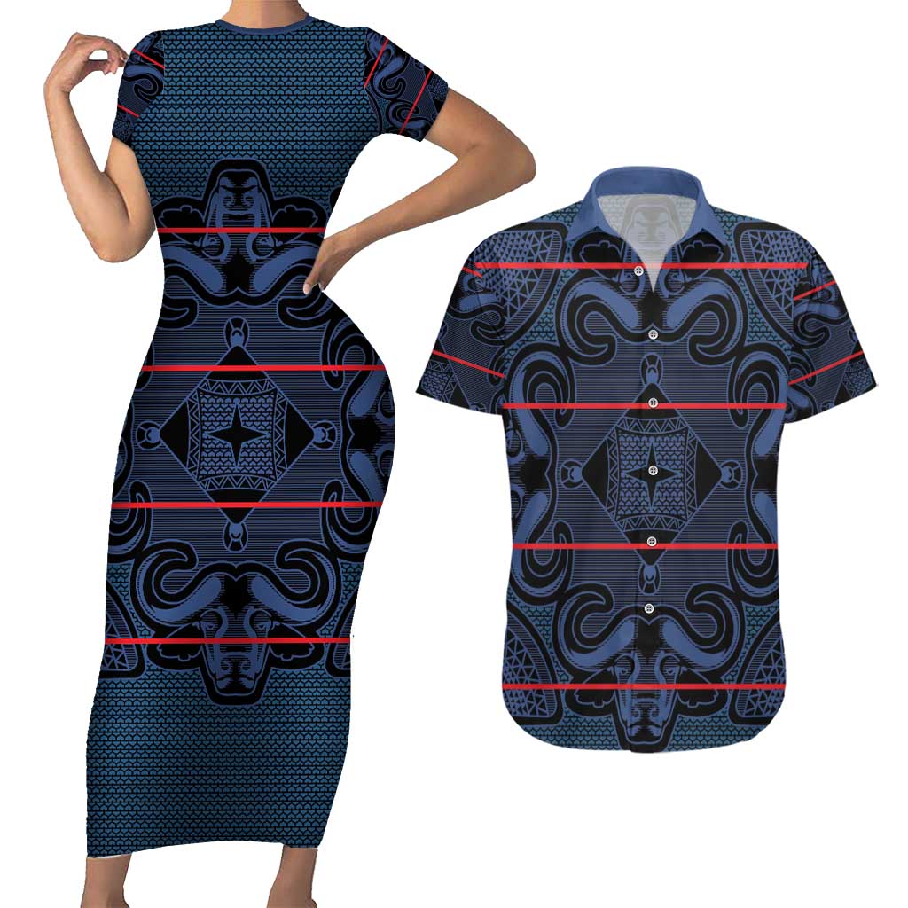 Lesotho Seanamarena - Motlatsi Couples Matching Short Sleeve Bodycon Dress and Hawaiian Shirt Basotho Traditional Blanket Style - Blue - Wonder Print Shop