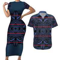 Lesotho Seanamarena - Motlatsi Couples Matching Short Sleeve Bodycon Dress and Hawaiian Shirt Basotho Traditional Blanket Style - Blue - Wonder Print Shop