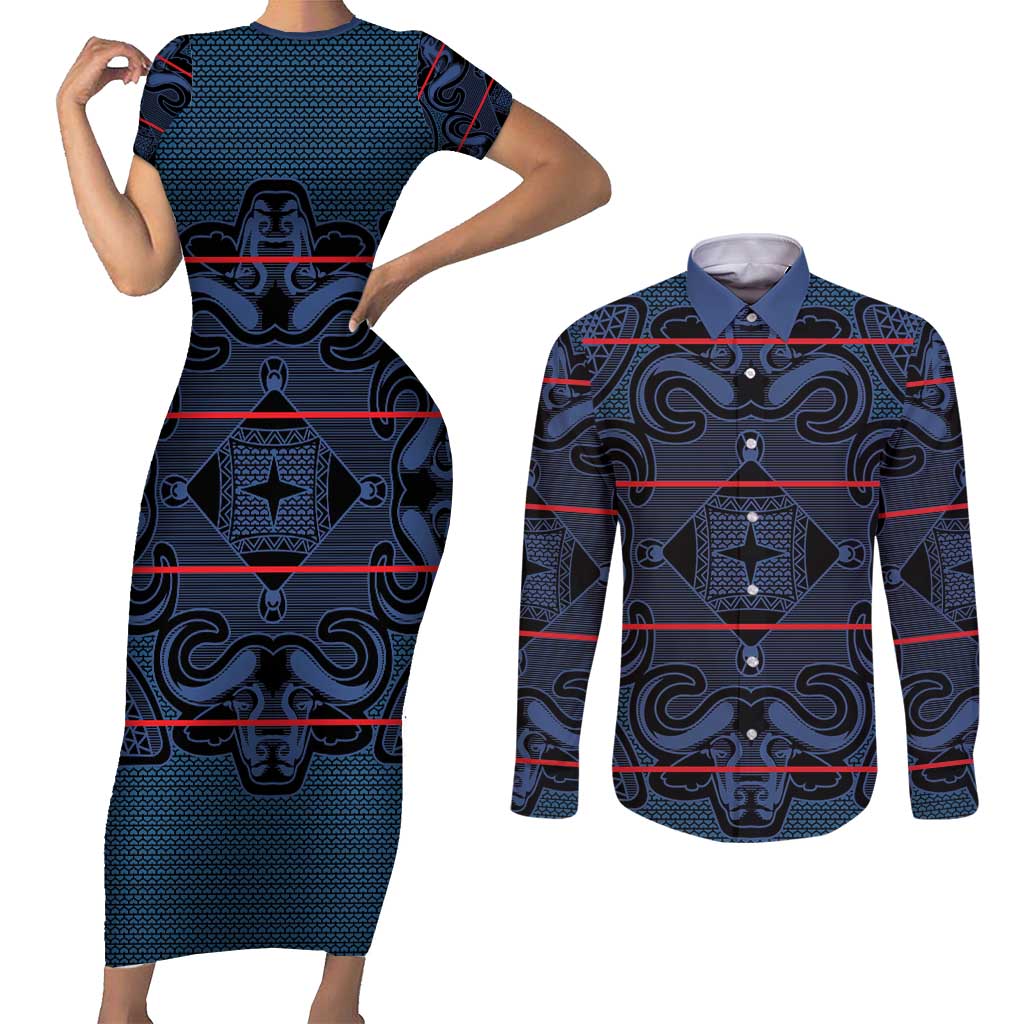 Lesotho Seanamarena - Motlatsi Couples Matching Short Sleeve Bodycon Dress and Long Sleeve Button Shirt Basotho Traditional Blanket Style - Blue - Wonder Print Shop