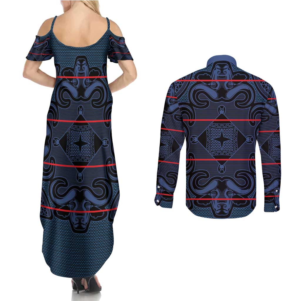 Lesotho Seanamarena - Motlatsi Couples Matching Summer Maxi Dress and Long Sleeve Button Shirt Basotho Traditional Blanket Style - Blue - Wonder Print Shop