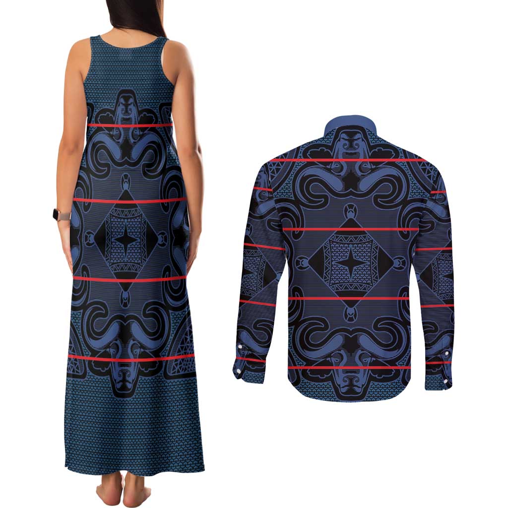 Lesotho Seanamarena - Motlatsi Couples Matching Tank Maxi Dress and Long Sleeve Button Shirt Basotho Traditional Blanket Style - Blue - Wonder Print Shop