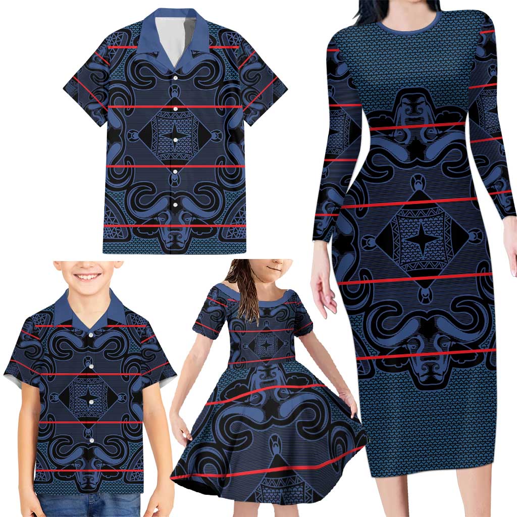 Lesotho Seanamarena - Motlatsi Family Matching Long Sleeve Bodycon Dress and Hawaiian Shirt Basotho Traditional Blanket Style - Blue - Wonder Print Shop
