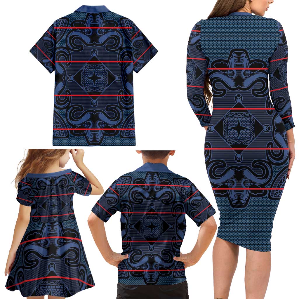 Lesotho Seanamarena - Motlatsi Family Matching Long Sleeve Bodycon Dress and Hawaiian Shirt Basotho Traditional Blanket Style - Blue - Wonder Print Shop