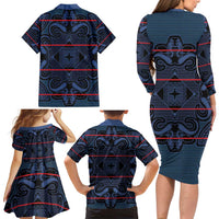 Lesotho Seanamarena - Motlatsi Family Matching Long Sleeve Bodycon Dress and Hawaiian Shirt Basotho Traditional Blanket Style - Blue - Wonder Print Shop