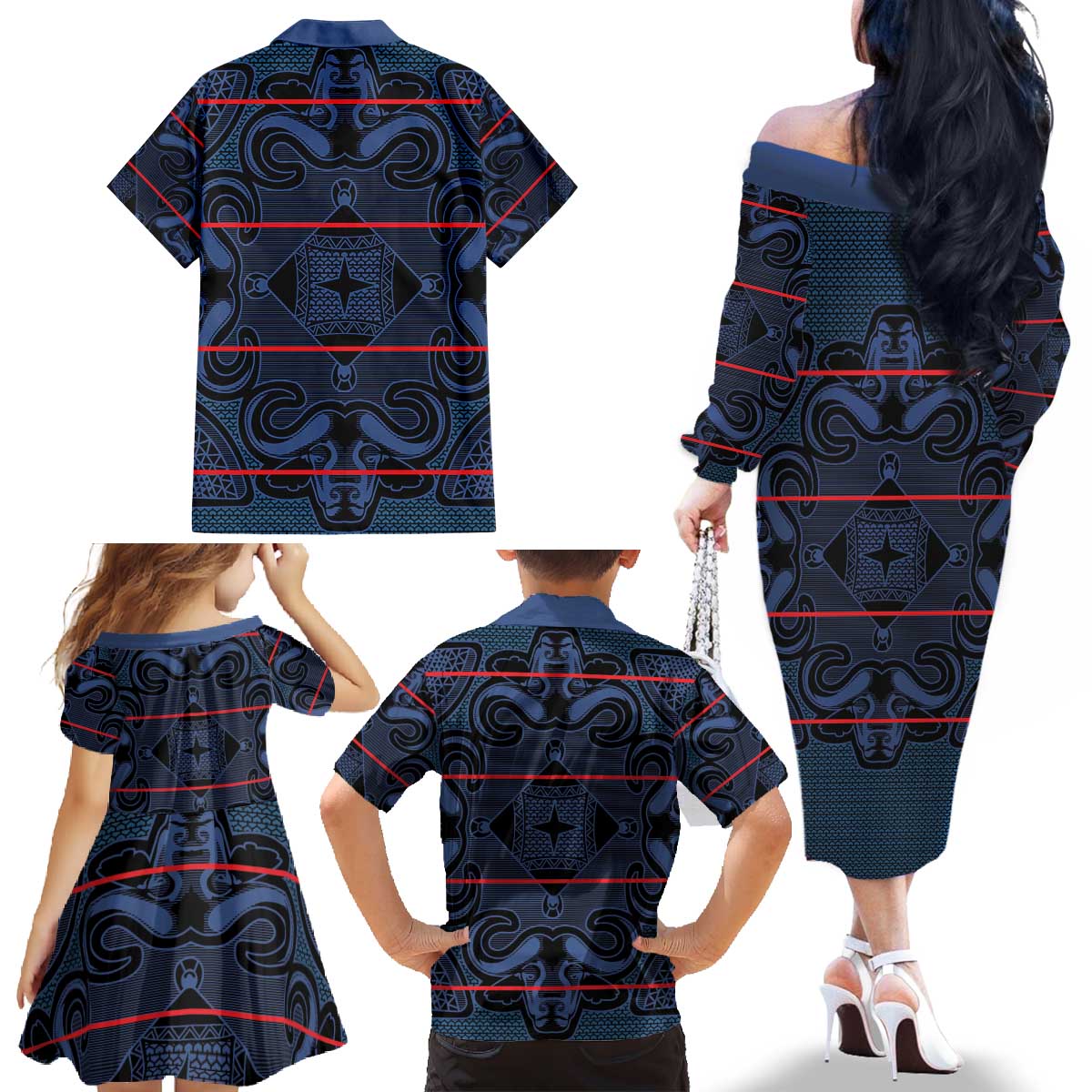 Lesotho Seanamarena - Motlatsi Family Matching Off The Shoulder Long Sleeve Dress and Hawaiian Shirt Basotho Traditional Blanket Style - Blue - Wonder Print Shop