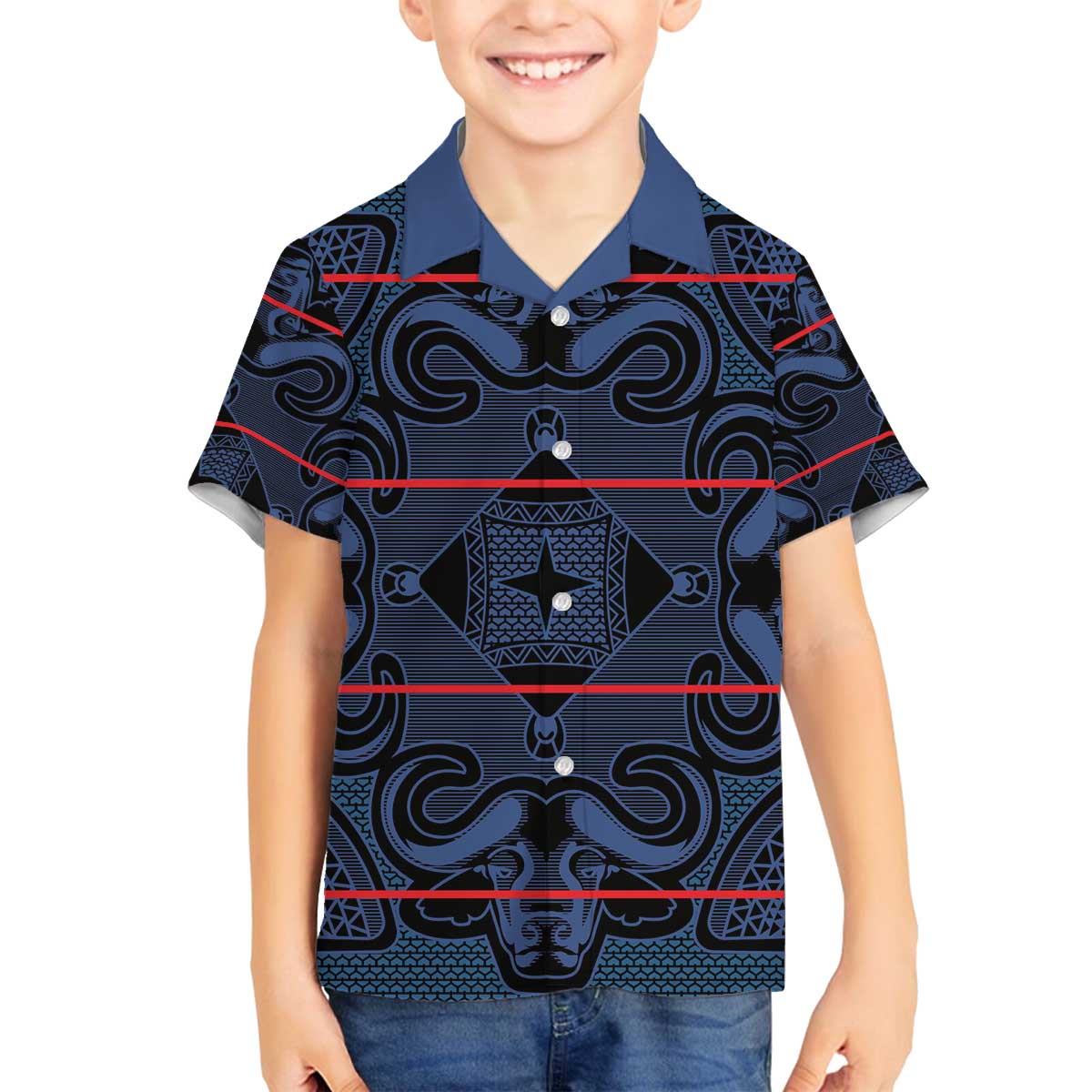 Lesotho Seanamarena - Motlatsi Family Matching Off The Shoulder Long Sleeve Dress and Hawaiian Shirt Basotho Traditional Blanket Style - Blue - Wonder Print Shop