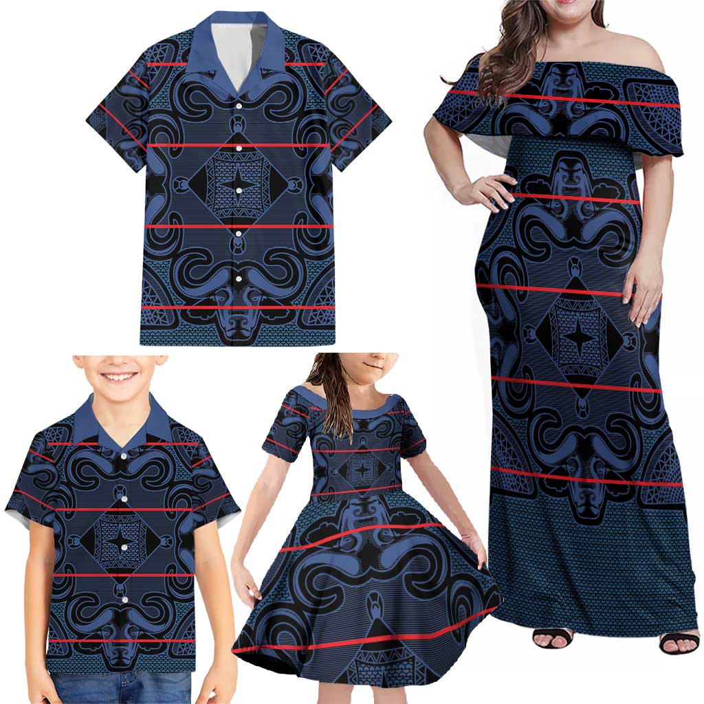 Lesotho Seanamarena - Motlatsi Family Matching Off Shoulder Maxi Dress and Hawaiian Shirt Basotho Traditional Blanket Style - Blue - Wonder Print Shop