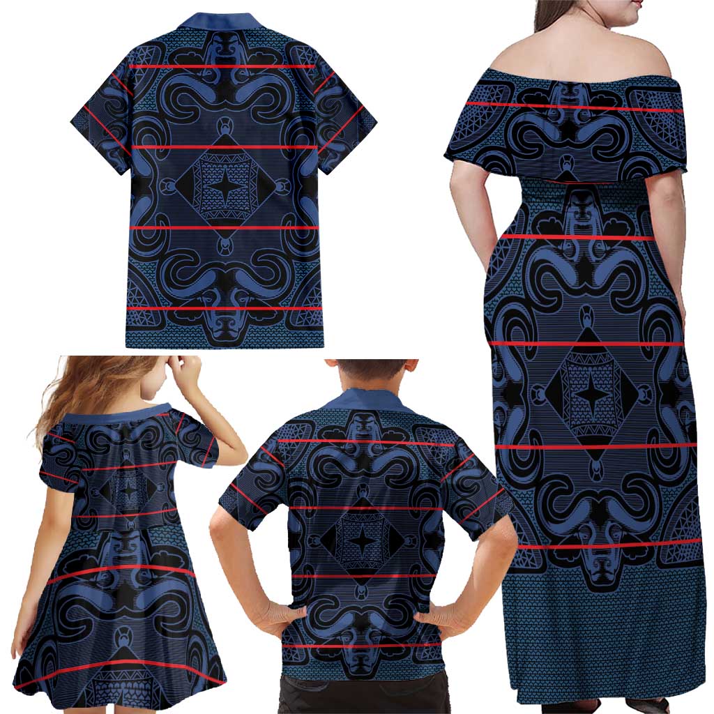 Lesotho Seanamarena - Motlatsi Family Matching Off Shoulder Maxi Dress and Hawaiian Shirt Basotho Traditional Blanket Style - Blue - Wonder Print Shop