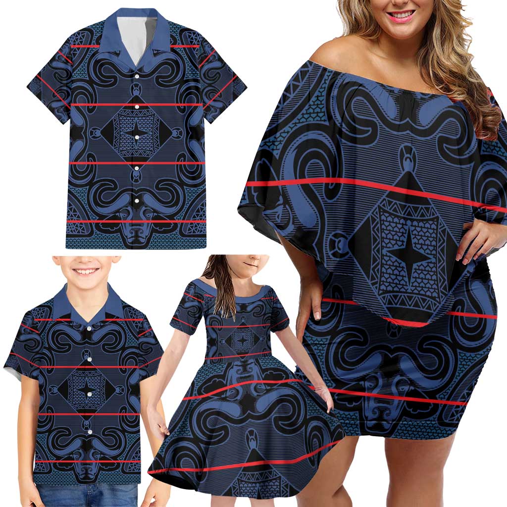 Lesotho Seanamarena - Motlatsi Family Matching Off Shoulder Short Dress and Hawaiian Shirt Basotho Traditional Blanket Style - Blue - Wonder Print Shop