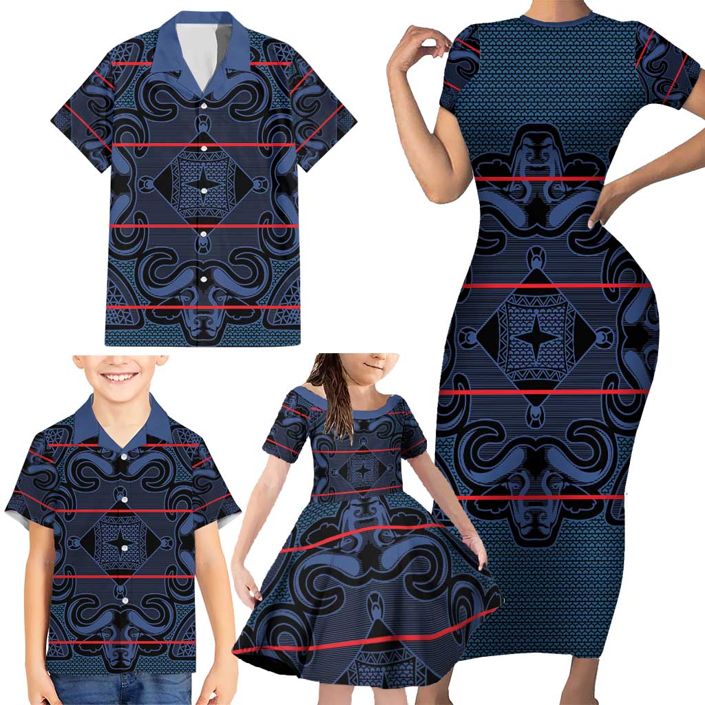 Lesotho Seanamarena - Motlatsi Family Matching Short Sleeve Bodycon Dress and Hawaiian Shirt Basotho Traditional Blanket Style - Blue - Wonder Print Shop