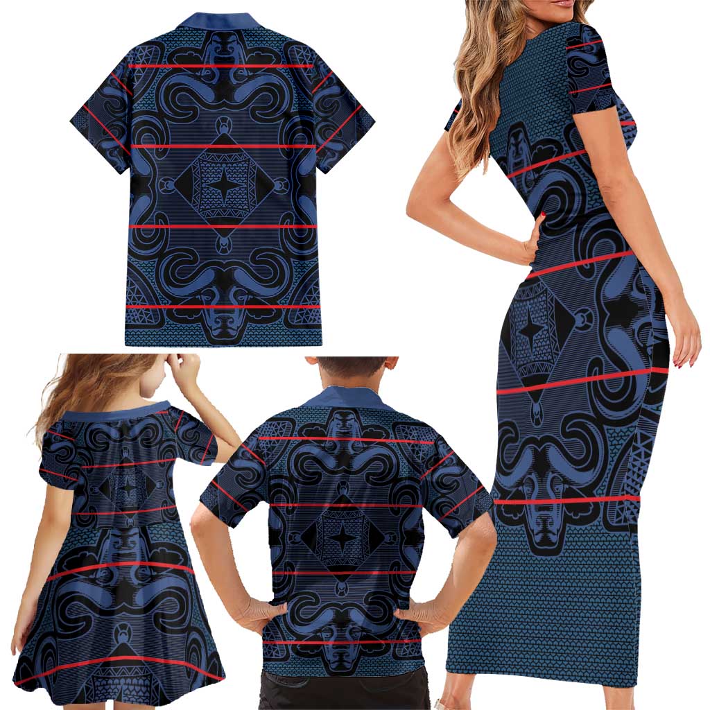 Lesotho Seanamarena - Motlatsi Family Matching Short Sleeve Bodycon Dress and Hawaiian Shirt Basotho Traditional Blanket Style - Blue - Wonder Print Shop