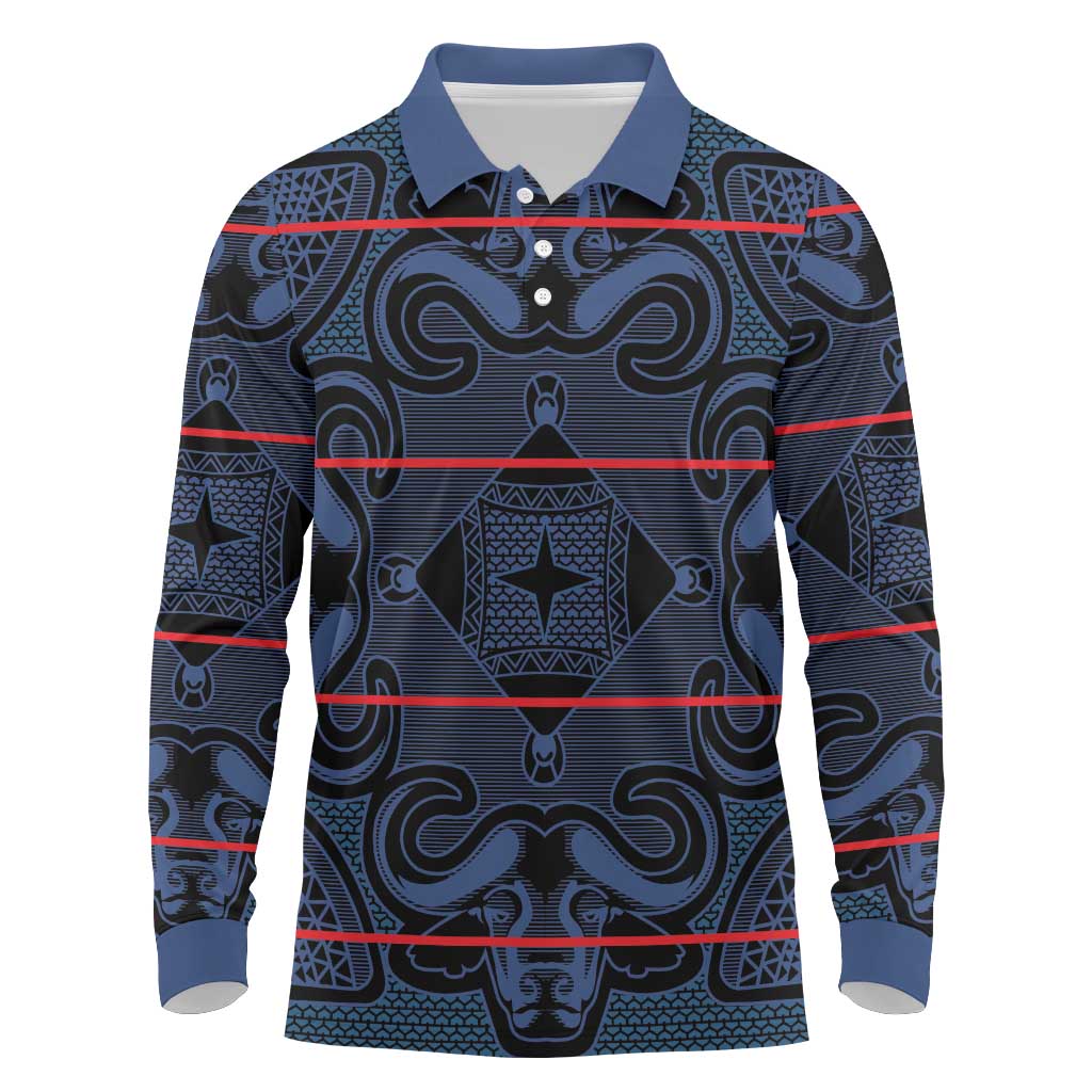 Lesotho Seanamarena - Motlatsi Long Sleeve Polo Shirt Basotho Traditional Blanket Style - Blue - Wonder Print Shop