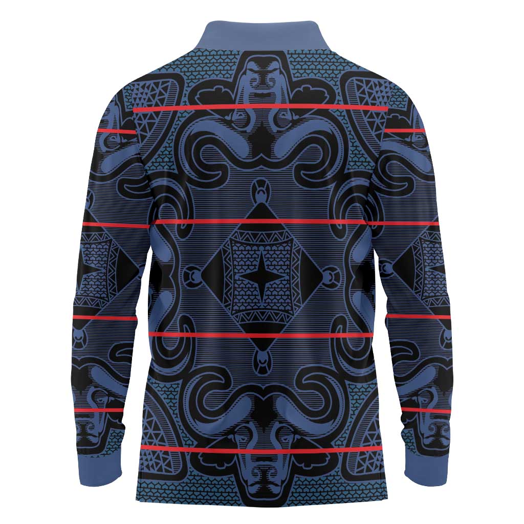 Lesotho Seanamarena - Motlatsi Long Sleeve Polo Shirt Basotho Traditional Blanket Style - Blue - Wonder Print Shop