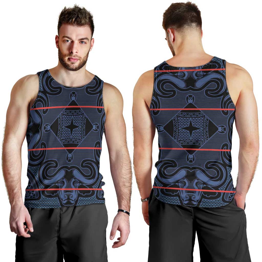 Lesotho Seanamarena - Motlatsi Men Tank Top Basotho Traditional Blanket Style - Blue - Wonder Print Shop