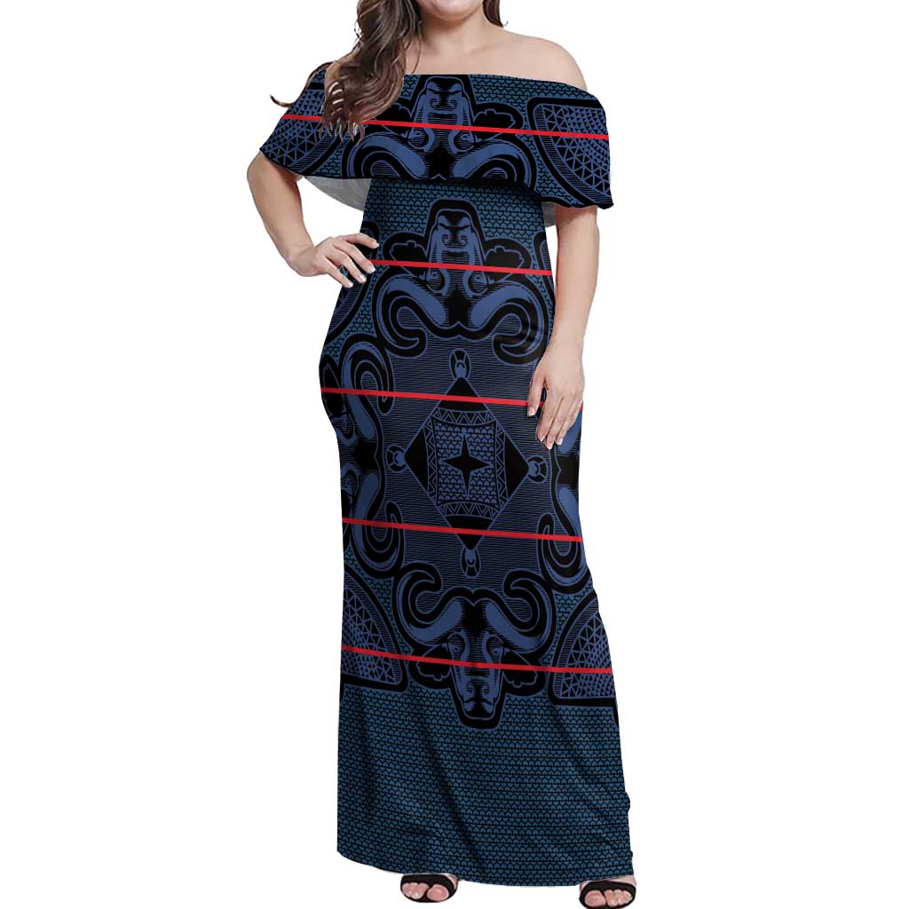 Lesotho Seanamarena - Motlatsi Off Shoulder Maxi Dress Basotho Traditional Blanket Style - Blue - Wonder Print Shop