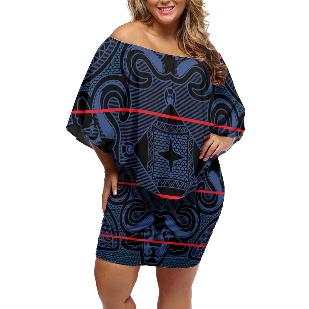 Lesotho Seanamarena - Motlatsi Off Shoulder Short Dress Basotho Traditional Blanket Style - Blue - Wonder Print Shop