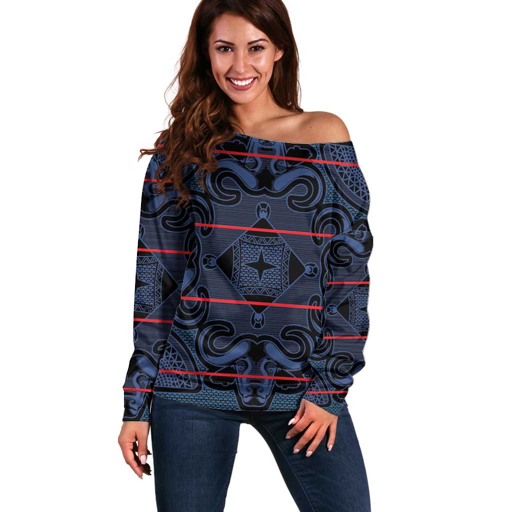 Lesotho Seanamarena - Motlatsi Off Shoulder Sweater Basotho Traditional Blanket Style - Blue - Wonder Print Shop