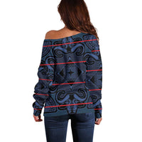 Lesotho Seanamarena - Motlatsi Off Shoulder Sweater Basotho Traditional Blanket Style - Blue - Wonder Print Shop