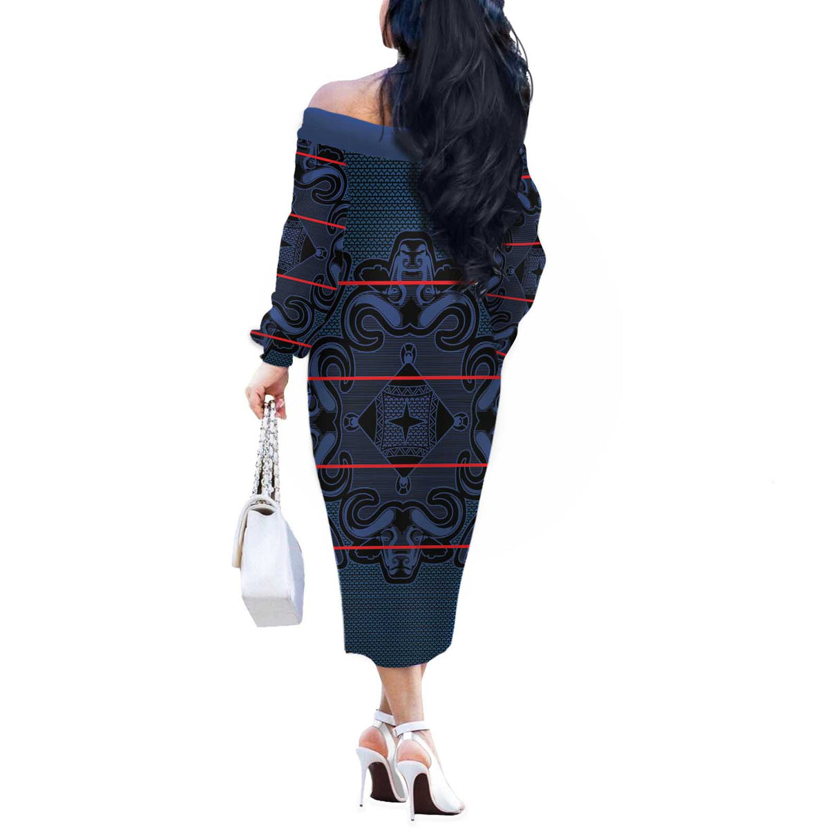 Lesotho Seanamarena - Motlatsi Off The Shoulder Long Sleeve Dress Basotho Traditional Blanket Style - Blue - Wonder Print Shop