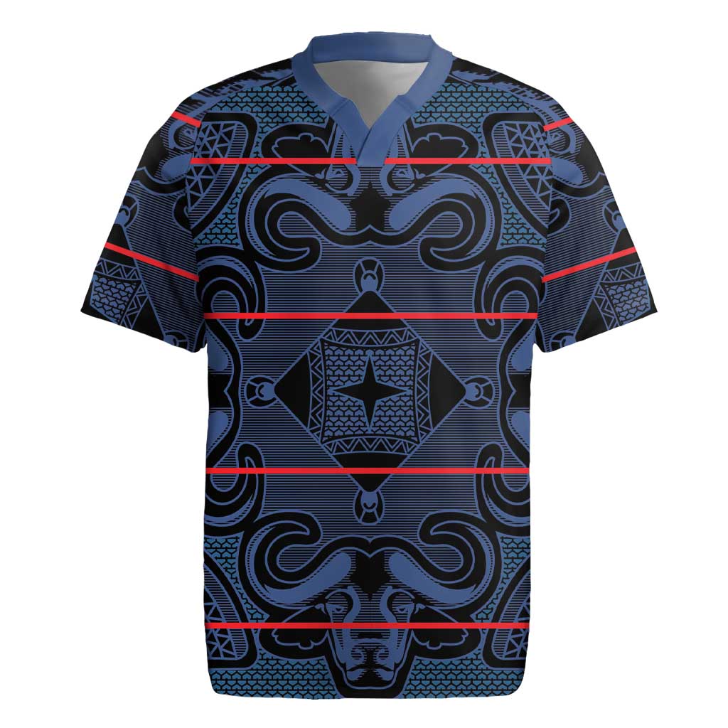 Lesotho Seanamarena - Motlatsi Rugby Jersey Basotho Traditional Blanket Style - Blue - Wonder Print Shop
