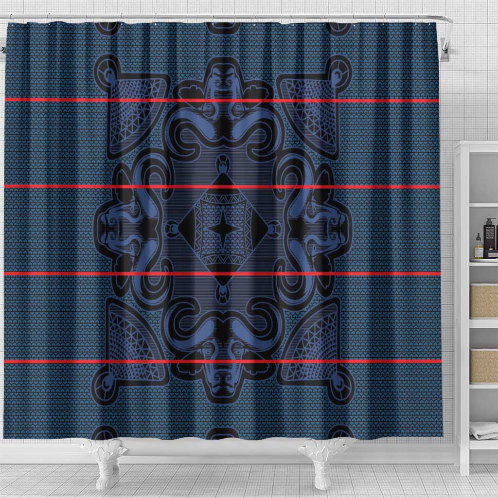 Lesotho Seanamarena - Motlatsi Shower Curtain Basotho Traditional Blanket Style - Blue - Wonder Print Shop