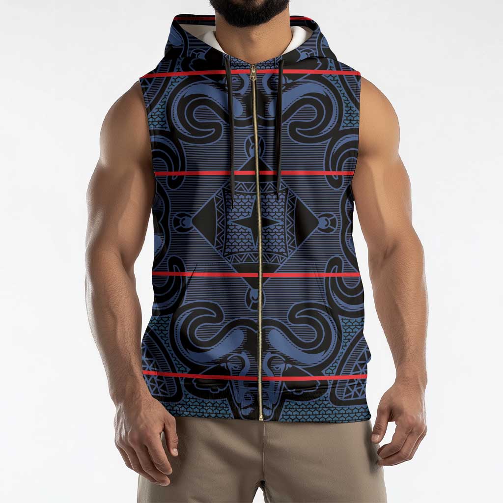 Lesotho Seanamarena - Motlatsi Sleeveless Zip Hoodie Basotho Traditional Blanket Style - Blue - Wonder Print Shop