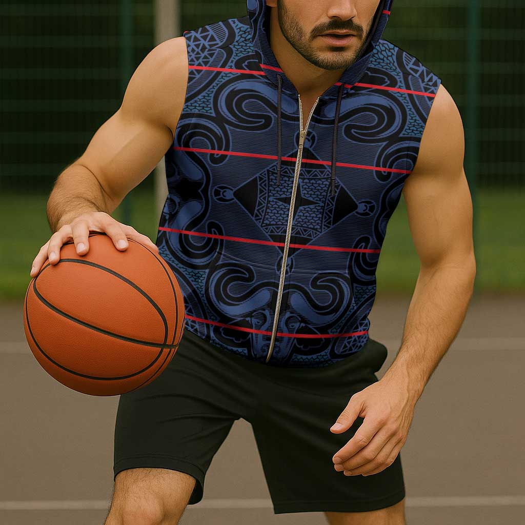 Lesotho Seanamarena - Motlatsi Sleeveless Zip Hoodie Basotho Traditional Blanket Style - Blue - Wonder Print Shop