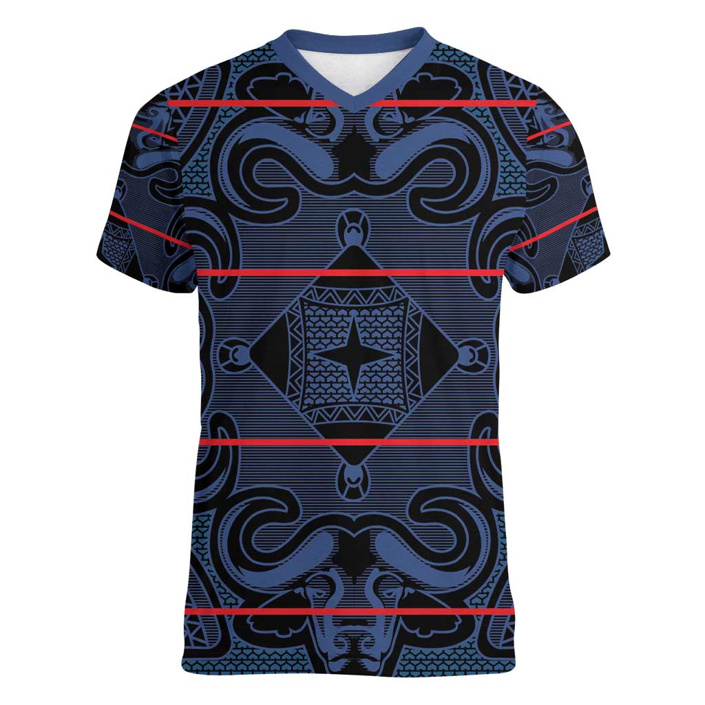 Lesotho Seanamarena - Motlatsi Women V-Neck T-Shirt Basotho Traditional Blanket Style - Blue - Wonder Print Shop