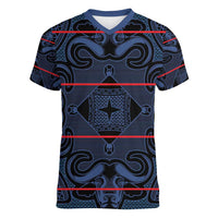 Lesotho Seanamarena - Motlatsi Women V-Neck T-Shirt Basotho Traditional Blanket Style - Blue - Wonder Print Shop