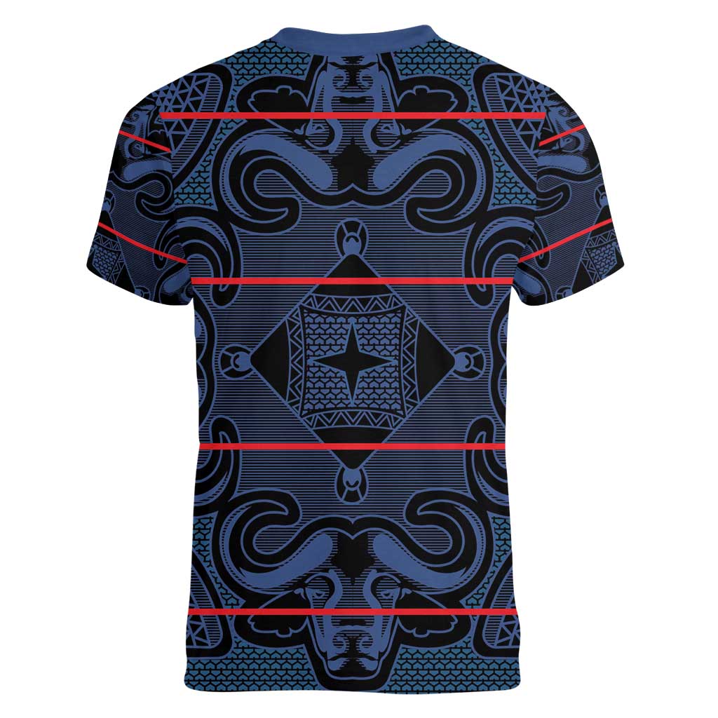 Lesotho Seanamarena - Motlatsi Women V-Neck T-Shirt Basotho Traditional Blanket Style - Blue - Wonder Print Shop