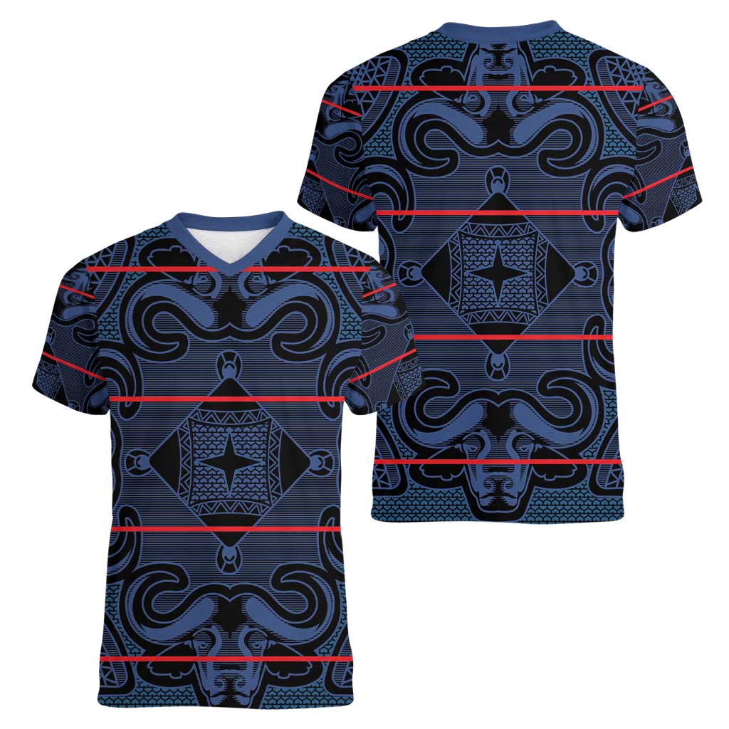 Lesotho Seanamarena - Motlatsi Women V-Neck T-Shirt Basotho Traditional Blanket Style - Blue - Wonder Print Shop