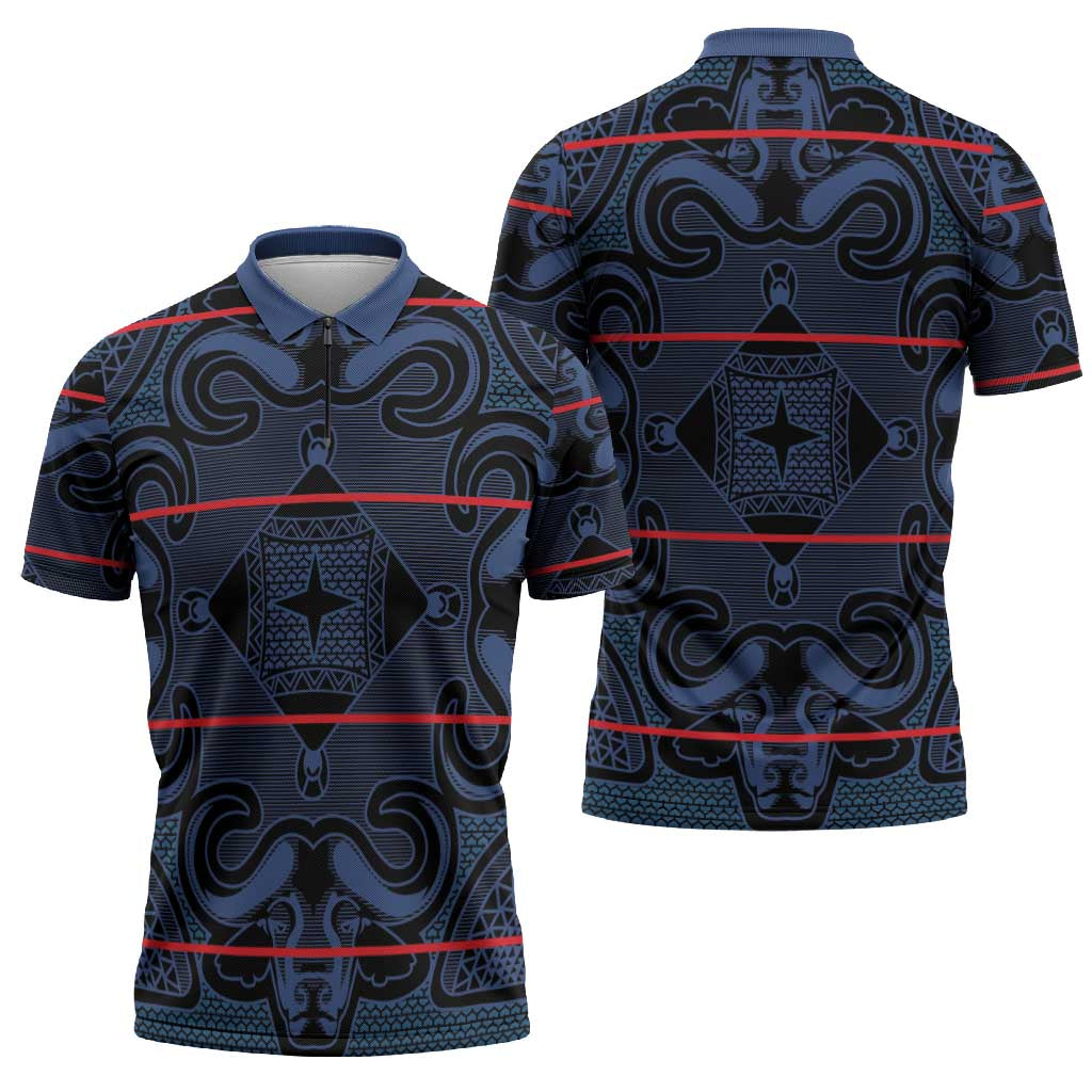 Lesotho Seanamarena - Motlatsi Zipper Polo Shirt Basotho Traditional Blanket Style - Blue - Wonder Print Shop