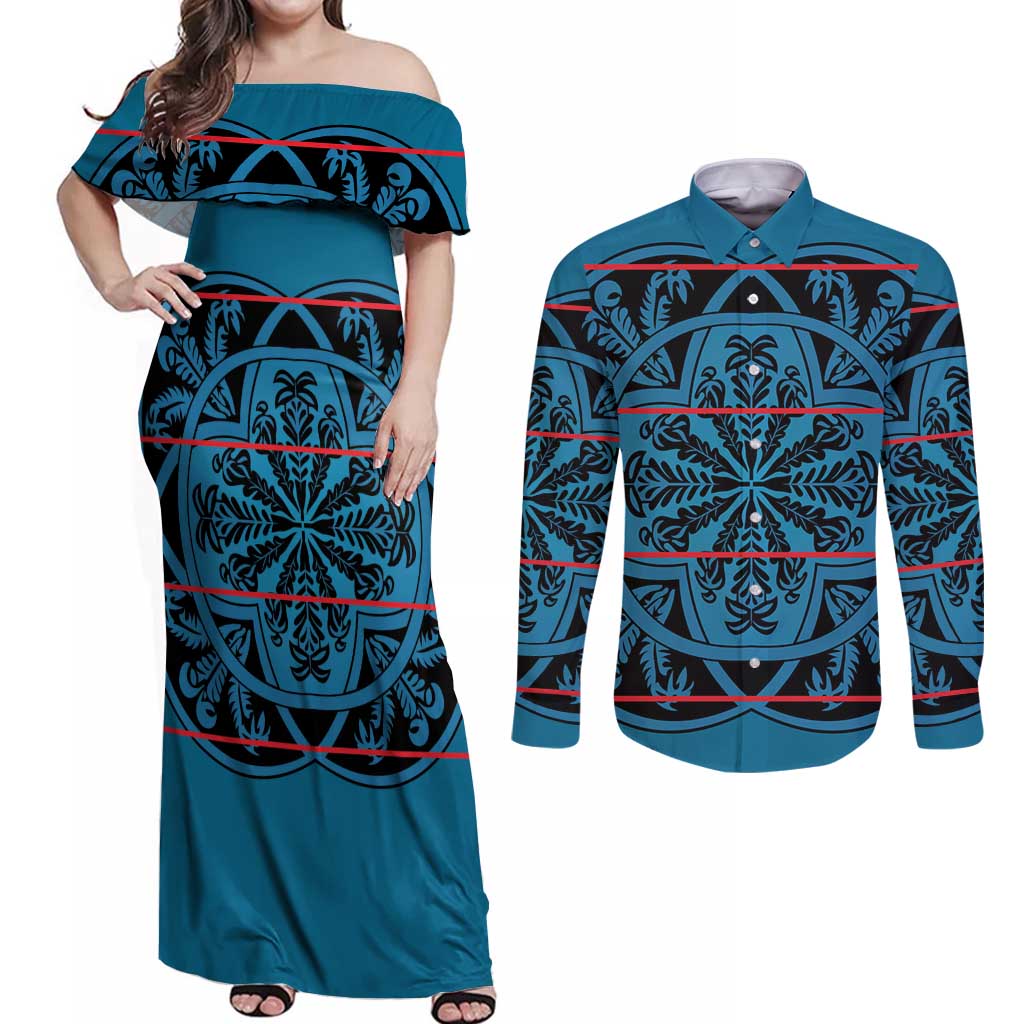 Lesotho Seanamarena - Kharetsa Couples Matching Off Shoulder Maxi Dress and Long Sleeve Button Shirt Basotho Traditional Blanket Style - Wonder Print Shop