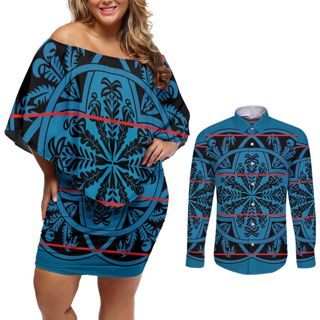 Lesotho Seanamarena - Kharetsa Couples Matching Off Shoulder Short Dress and Long Sleeve Button Shirt Basotho Traditional Blanket Style - Wonder Print Shop