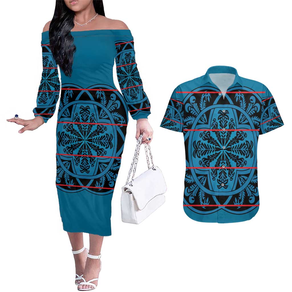 Lesotho Seanamarena - Kharetsa Couples Matching Off The Shoulder Long Sleeve Dress and Hawaiian Shirt Basotho Traditional Blanket Style - Wonder Print Shop