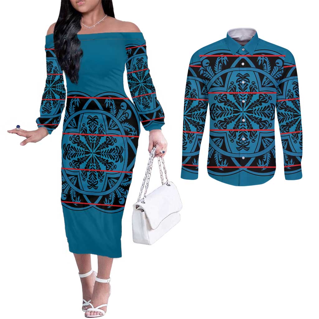 Lesotho Seanamarena - Kharetsa Couples Matching Off The Shoulder Long Sleeve Dress and Long Sleeve Button Shirt Basotho Traditional Blanket Style - Wonder Print Shop