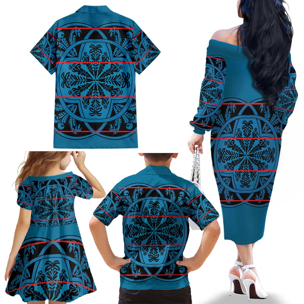 Lesotho Seanamarena - Kharetsa Family Matching Off The Shoulder Long Sleeve Dress and Hawaiian Shirt Basotho Traditional Blanket Style - Wonder Print Shop