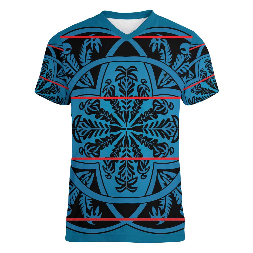 Lesotho Seanamarena - Kharetsa Women V-Neck T-Shirt Basotho Traditional Blanket Style - Wonder Print Shop